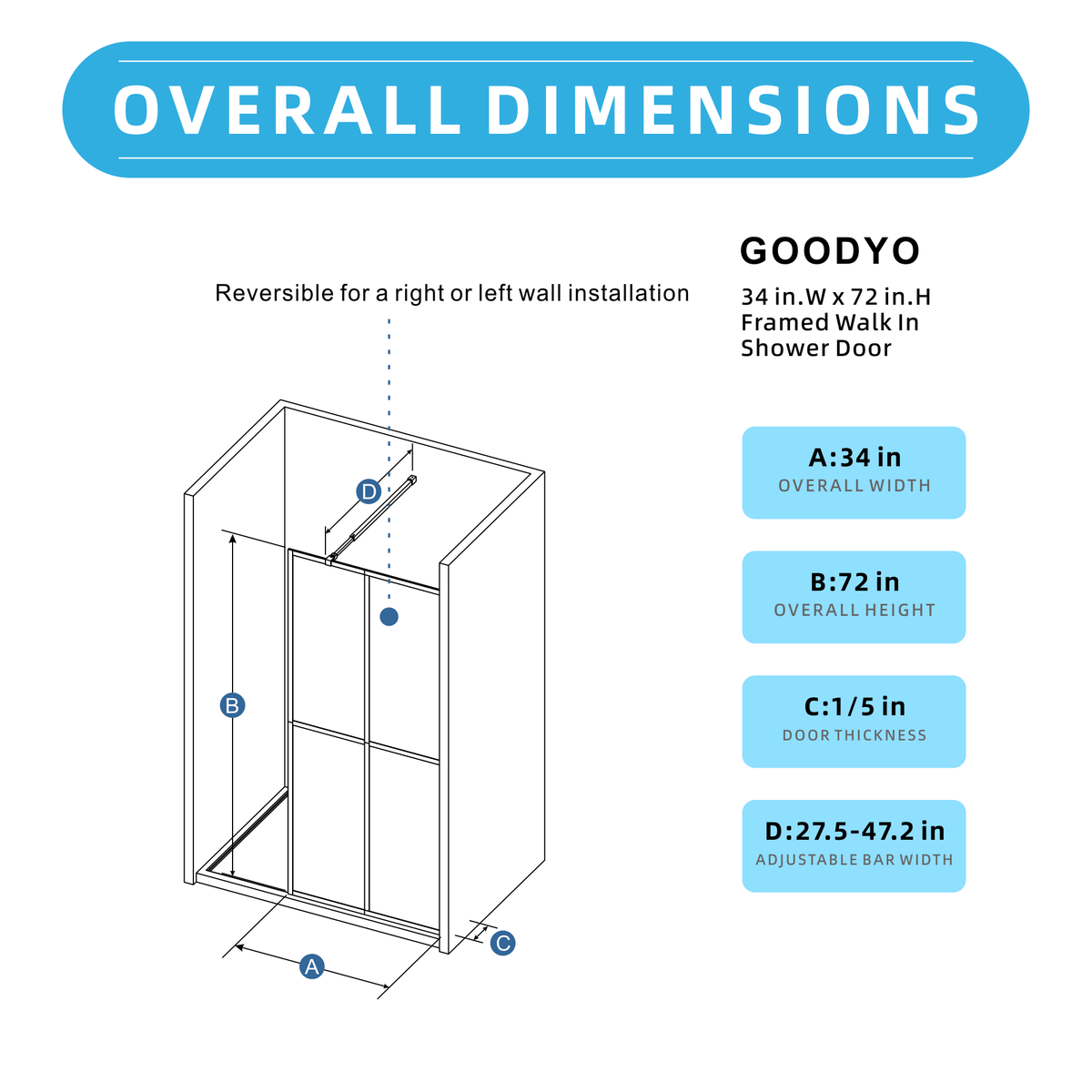 Goodyo® 34“x72” Black Shower Screen Frost Glass Wetroom