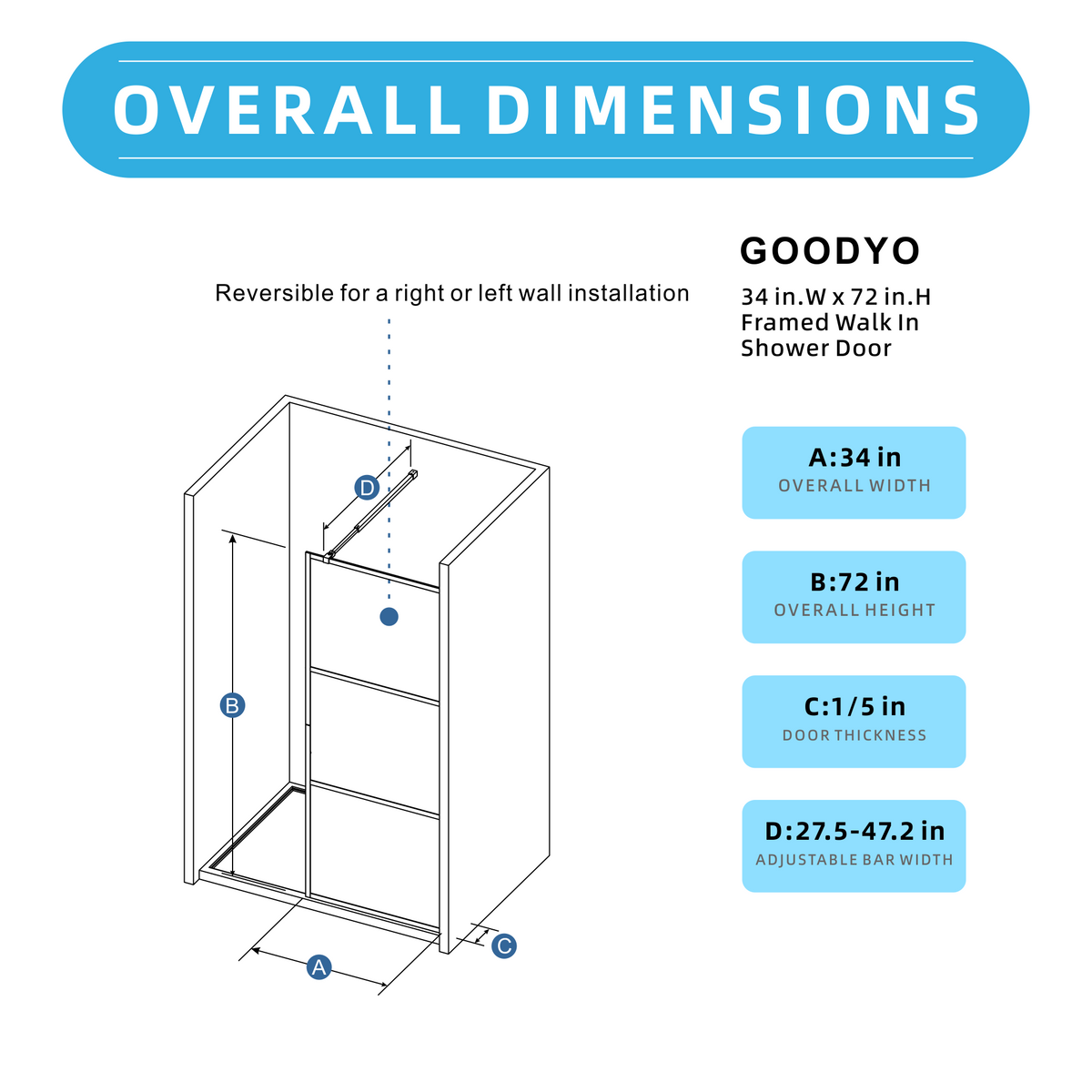 Goodyo® 34"x72" Shower Screen Door Walk-in Wetroom for Bathroom, Black