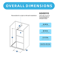 Goodyo® 34"x72" Shower Screen Door Walk-in Wetroom for Bathroom, Black