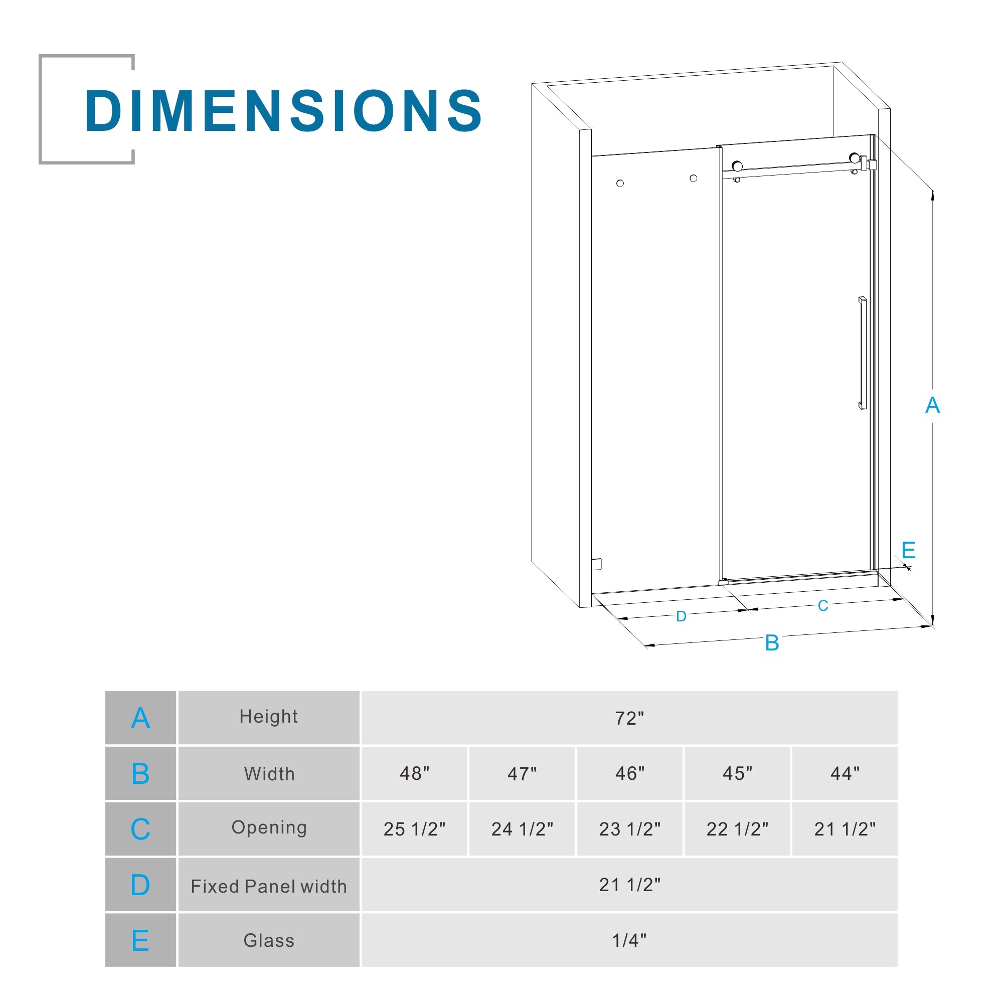 moページ Goodyo 44-48 in. W x 72 in. H Frameless Sliding Shower Door, Matte Bla