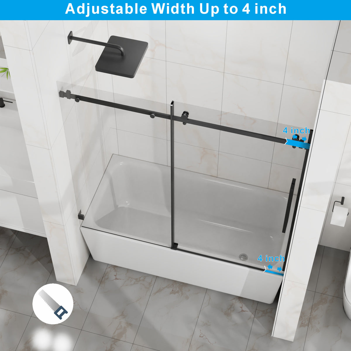 Goodyo 56-60 in. W x 58 in. H Frameless Sliding Bathtub Shower Door, Matte Black Stainless Steel Hardware, 1/4 in. Clear Tempered Glass