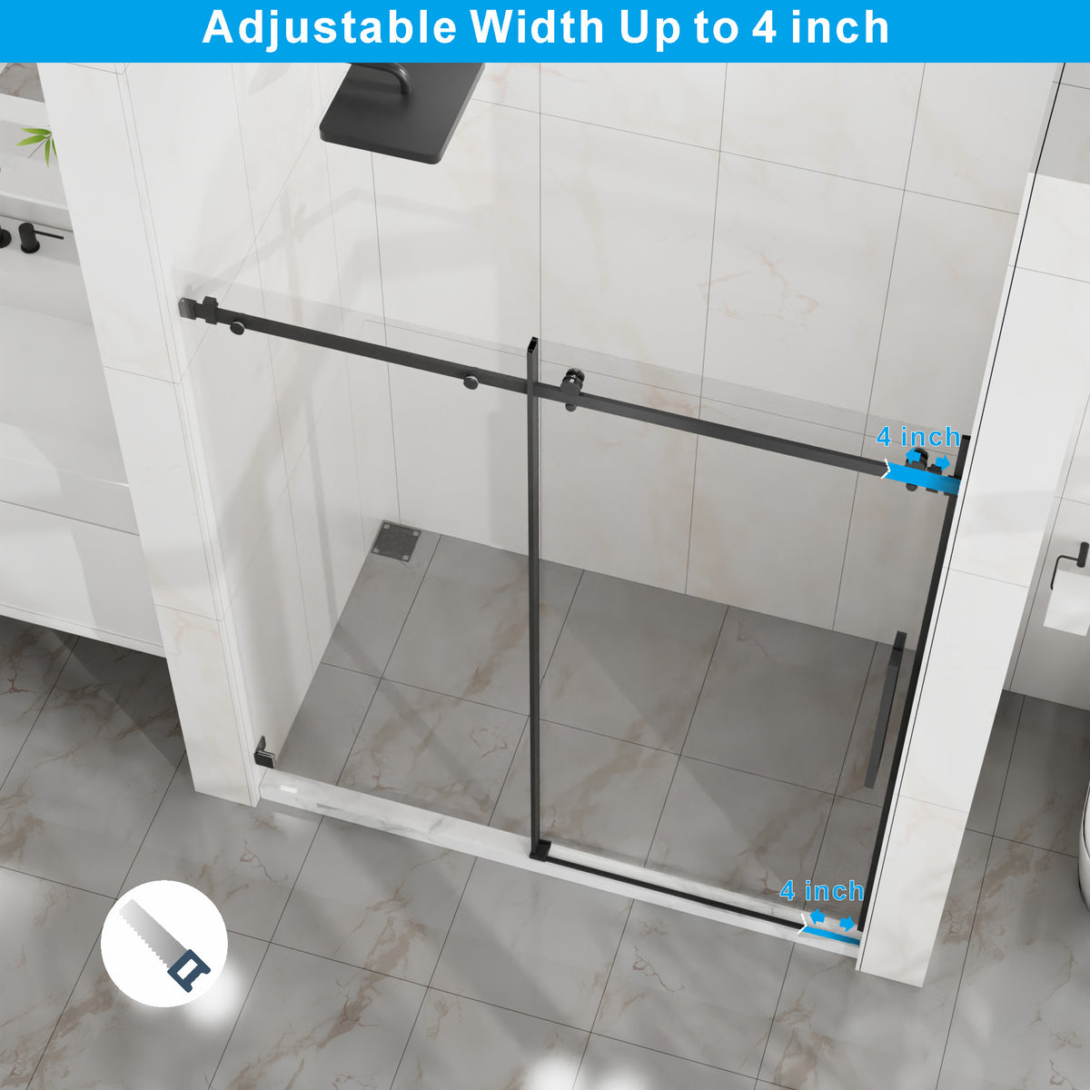 Goodyo 56-60 in. W x 72 in. H Frameless Sliding Shower Door, Matte Black Stainless Steel Hardware, 1/4 in. Clear Tempered Glass