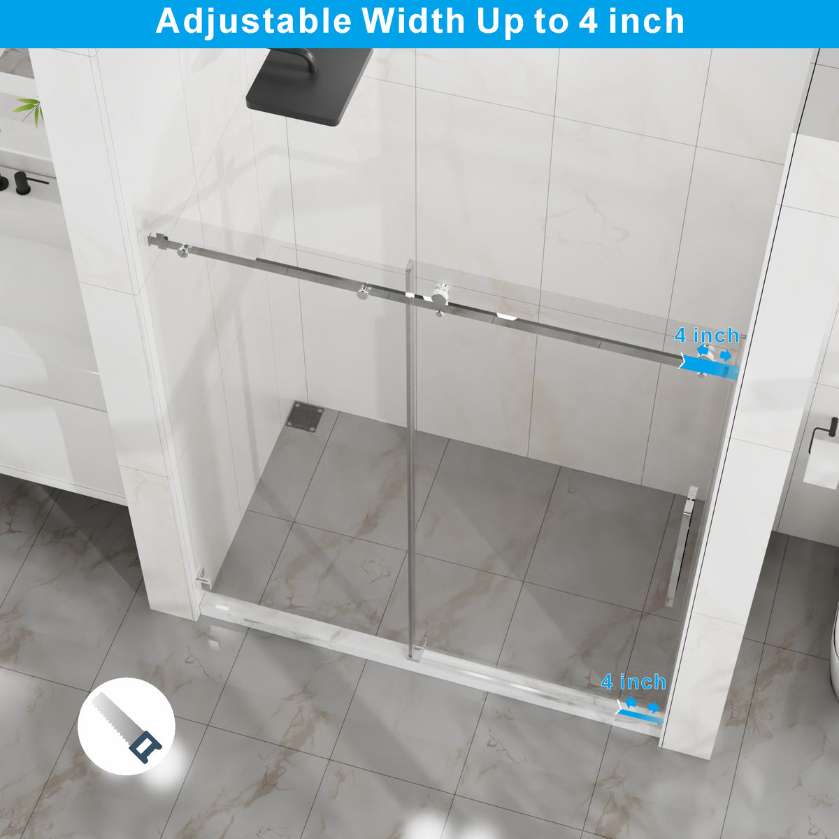 Goodyo 56-60 in. W x 72 in. H Frameless Sliding Shower Door, Chrome Stainless Steel Hardware, 1/4 in. Clear Tempered Glass