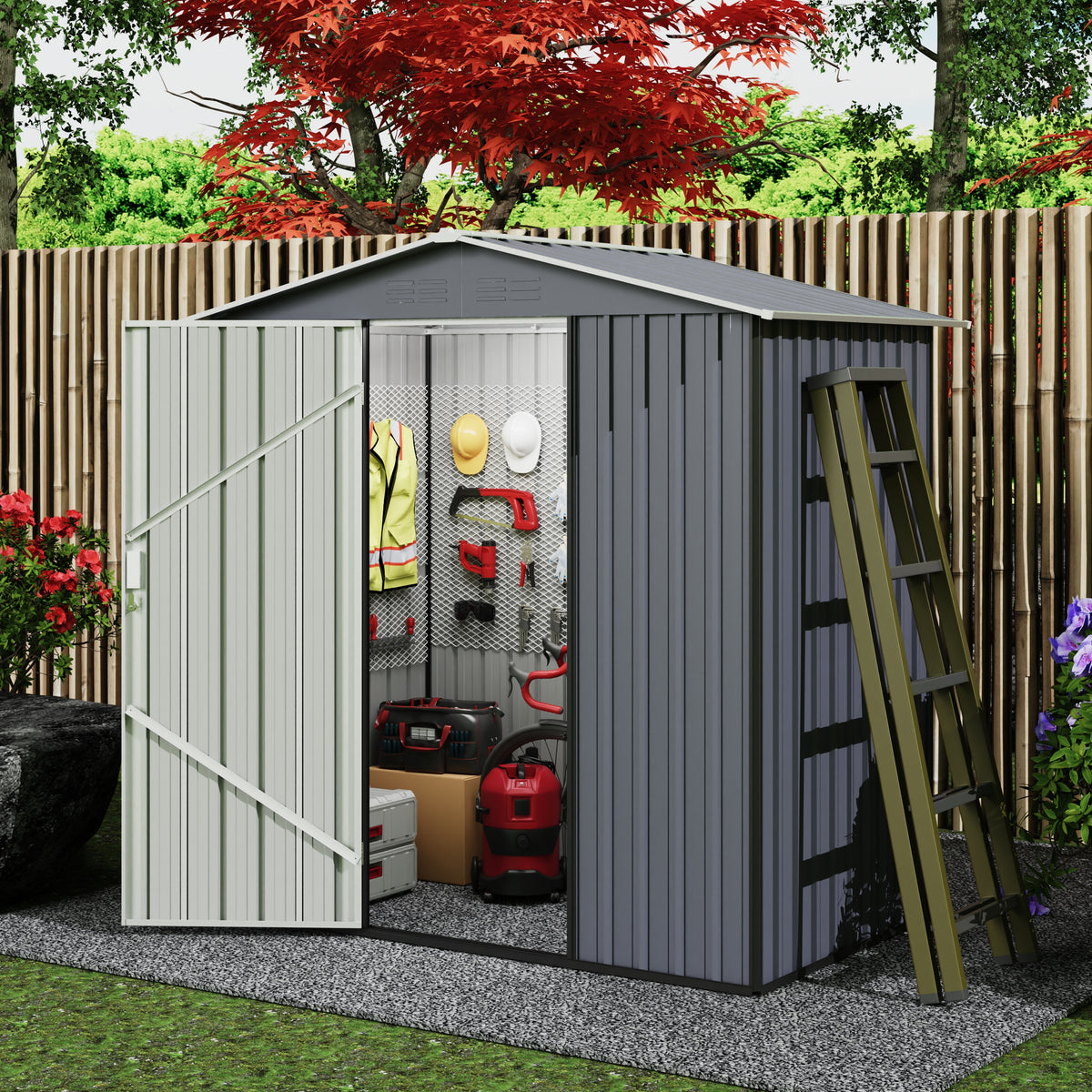 Goodyo® 6‘x4’ Outdoor Storage Shed, Waterproof Metal Tool Sheds, Large Storage Garden Sheds with Lockable Door, Sloping Roof and Vent for Backyard Garden Patio Lawn, Gray