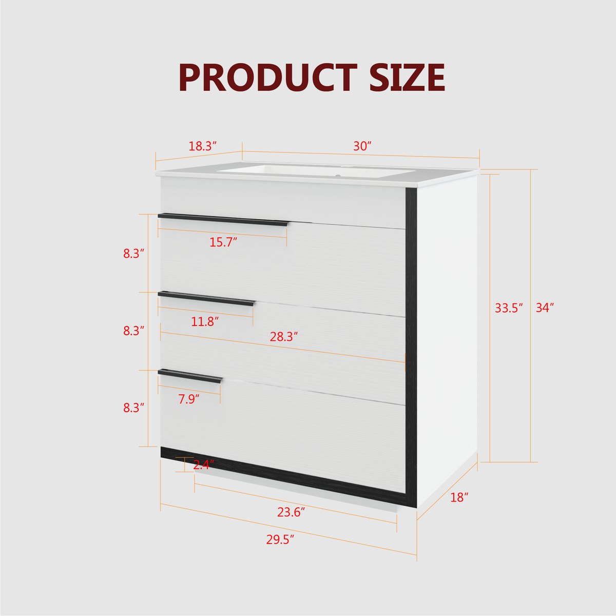 Goodyo 30" Modern Bathroom Vanity with Ceramic Sink, Freestanding 3 Drawers Bathroom Cabinet