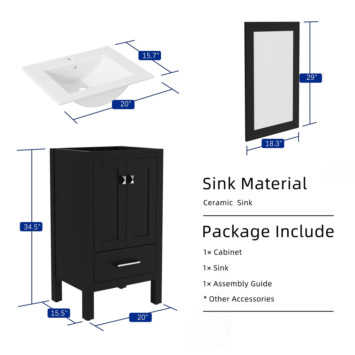 Goodyo® 20“ Black Bathroom Vanity Sink Combo with door and drawer open