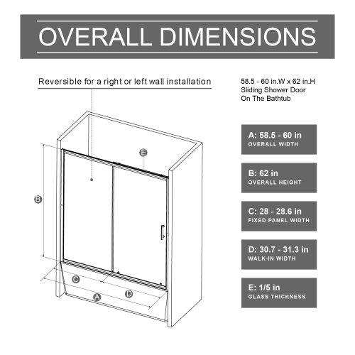 Goodyo 60 in. W x 62 in. H Sliding Bathtub Shower Door, 1/5 in. Clear Tempered Glass Tub Door with Stainless Steel Handle, Single Sliding Shower Screen Chrome