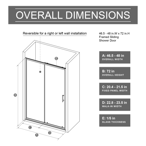Goodyo 46.5-48 in. W x 72 in. H Sliding Shower Door, Chrome Finish Glass Shower Door with Tempered Safety Glass