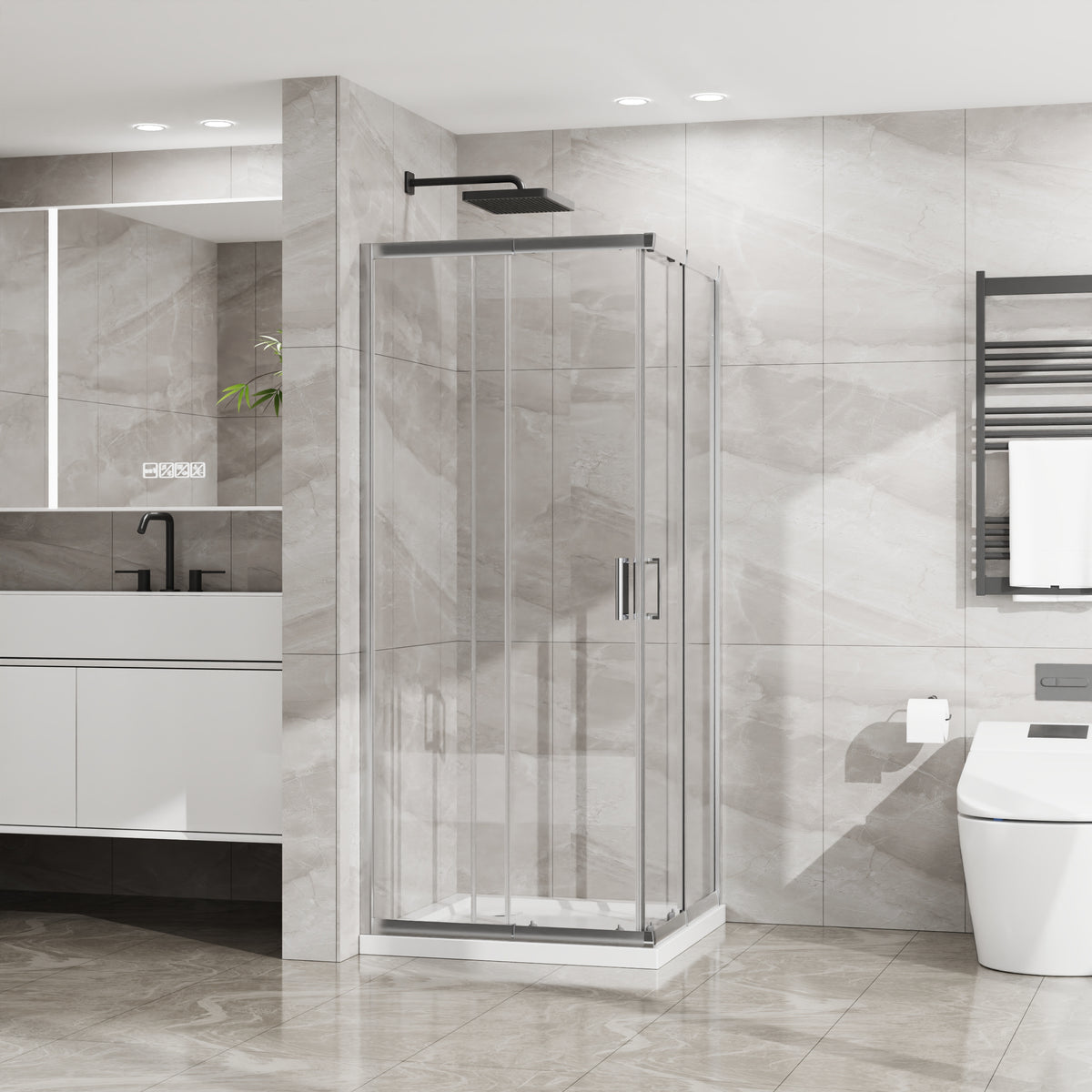 Goodyo Corner Shower Door Enclosure 32" W x 32" D x 72" H Tempered Glass Shower Door with Base Combo, Chrome Double Sliding Door with White Acrylic Shower Pan