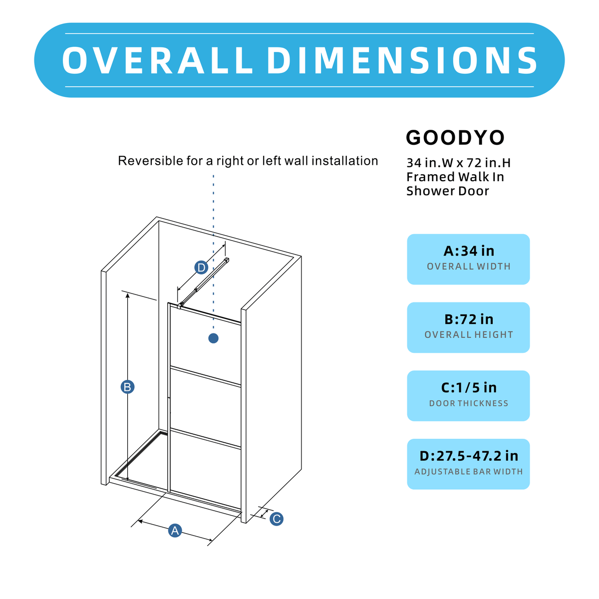 Goodyo® 34x72" 3-Panel KD Shower Door Walk-in