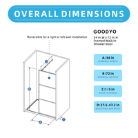 Goodyo® 34x72" 3-Panel KD Shower Door Walk-in