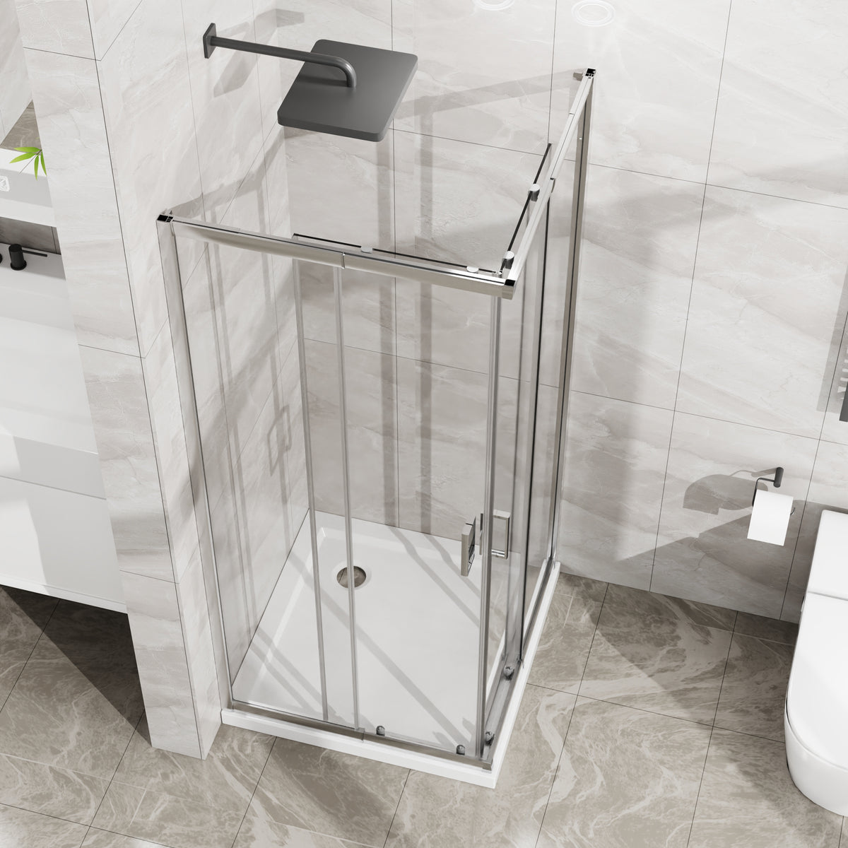 Goodyo Corner Shower Door Enclosure 32" W x 32" D x 72" H Tempered Glass Shower Door with Base Combo, Chrome Double Sliding Door with White Acrylic Shower Pan