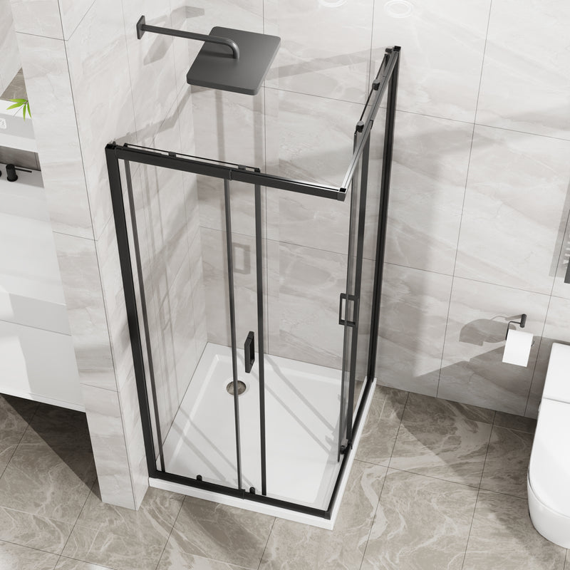 Goodyo Corner Shower Door Enclosure 32" W x 32" D x 72" H Tempered Glass Shower Door with Base Combo, Black Double Sliding Door with White Acrylic Shower Pan
