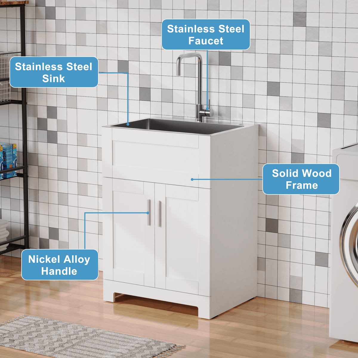 Goodyo® 24” White Utility Room Sink Cabinet with Stainless Steel Utility Sink