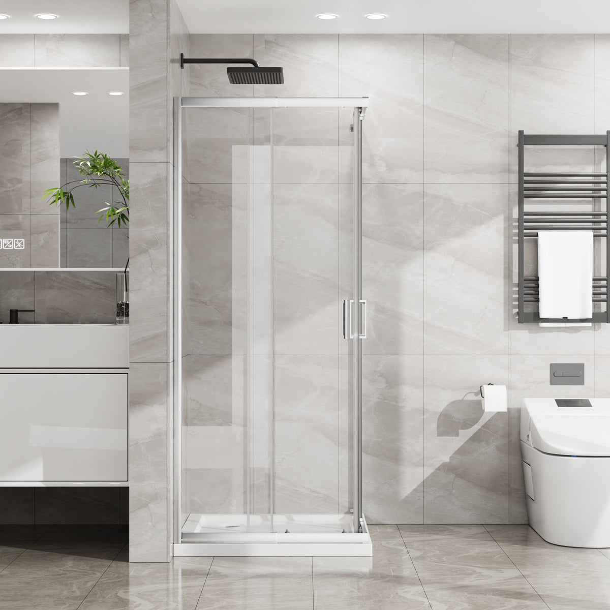Goodyo Corner Shower Door Enclosure 32" W x 32" D x 72" H Tempered Glass Shower Door with Base Combo, Chrome Double Sliding Door with White Acrylic Shower Pan