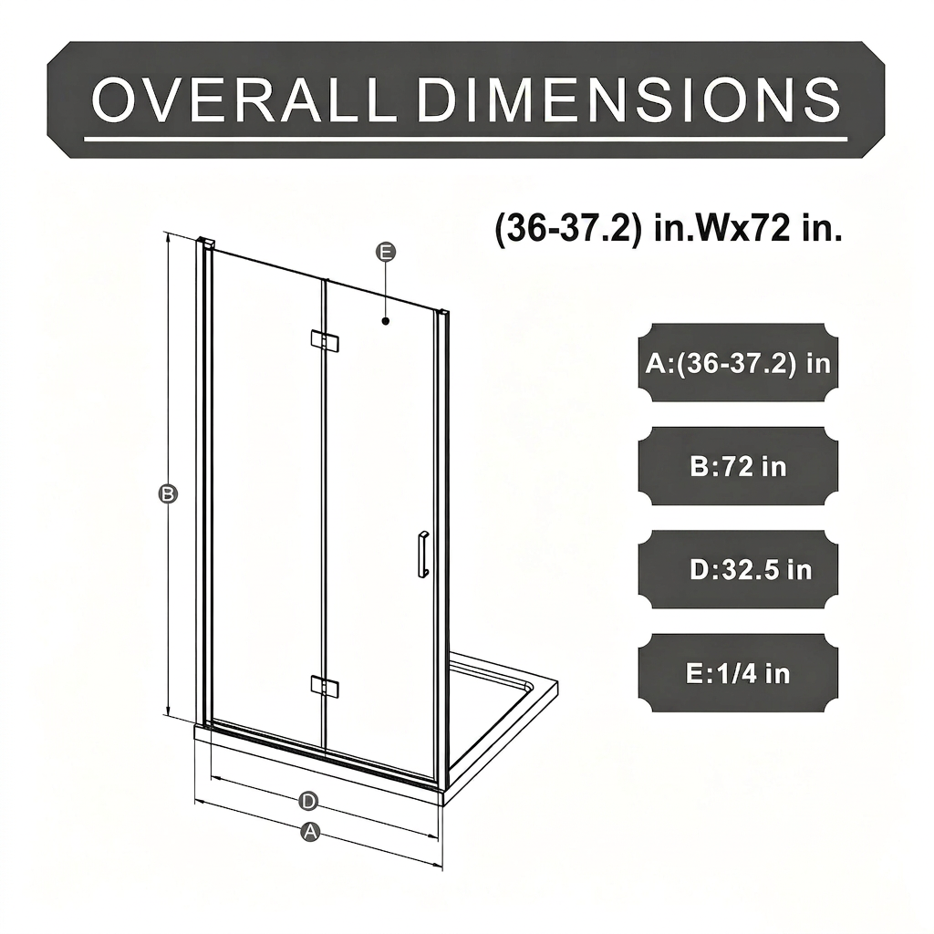 Goodyo 36" x 72" Frameless Bi-Fold Shower Door, Folding Pivot Glass Shower Door with Matte Black Hardware, 1/4" Clear Tempered Glass, Reversible Installation
