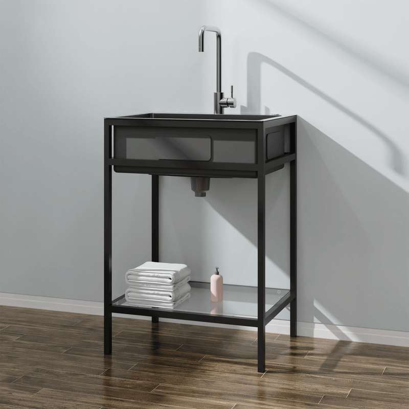 Goodyo® 24” Black Metal Bathroom Vanity Cabinet w/ Overmount Utility Sink