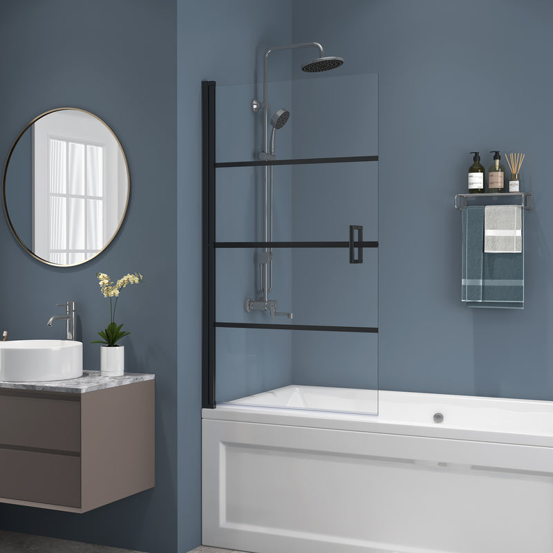 31.5"X55" Bathtub Glass Shower Door Panel Frameless Black