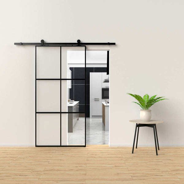 35.4 X 80.7" Tempered Glass Sliding Barn Door Combo Black