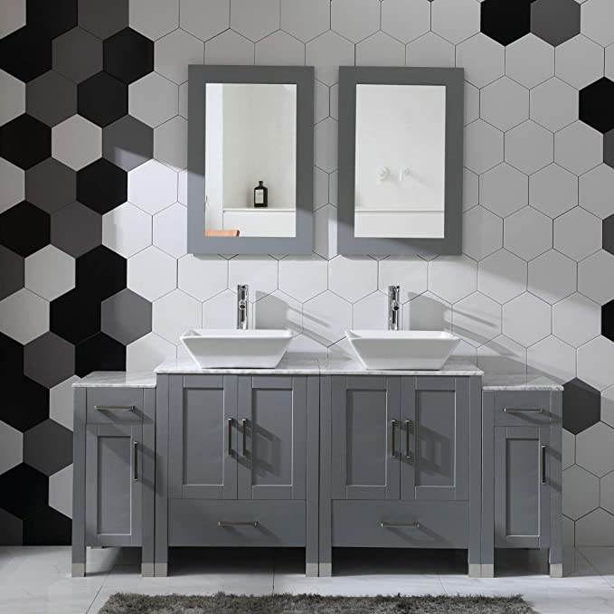 Goodyo® 72" Gray Bathroom Vanity w/ Marble Tops