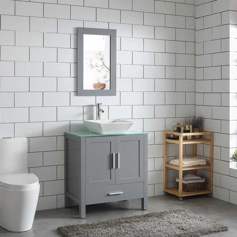 30" Gray Bathroom Vanity w/ Glass Top, Vessel Sink & Mirror