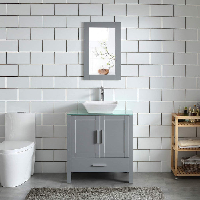 Goodyo® 30" Gray Bathroom Vanity w/ Glass Top, Vessel Sink & Mirror