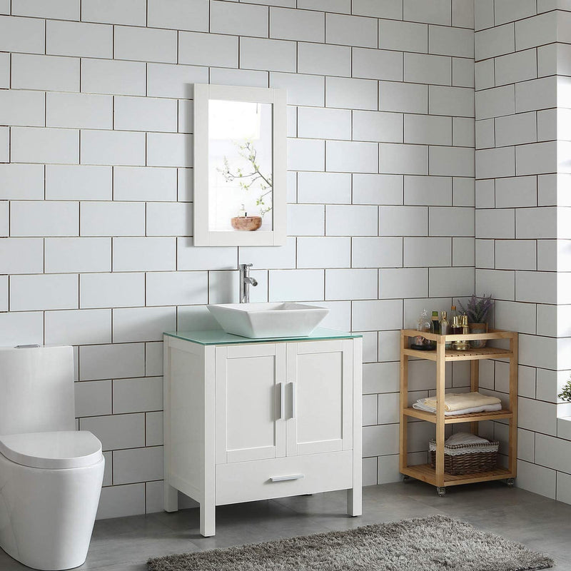 Goodyo® 30" White Bathroom Vanity w/ Glass Top, Vessel Sink & Mirror