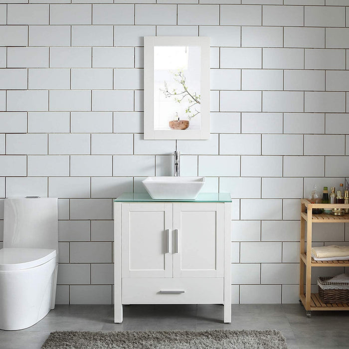 Goodyo® 30" White Bathroom Vanity w/ Glass Top, Vessel Sink & Mirror