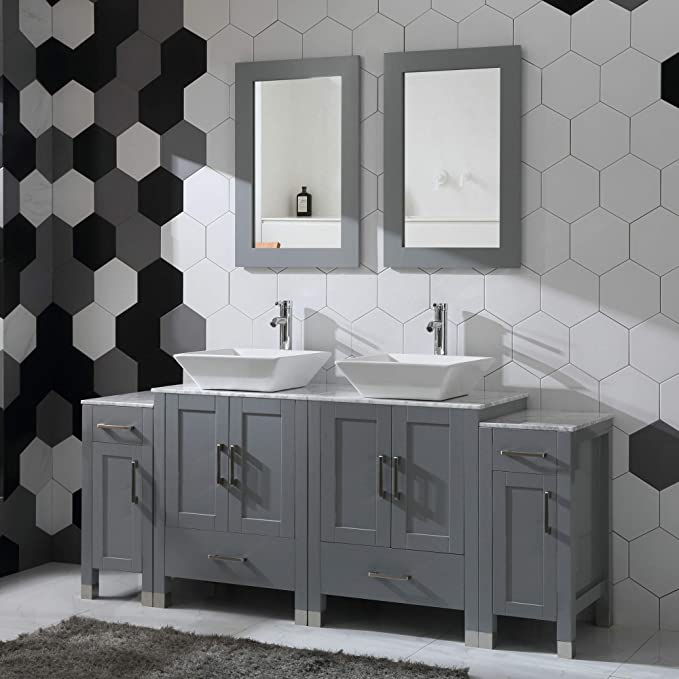 72" Gray Bathroom Vanity w/ Marble Tops