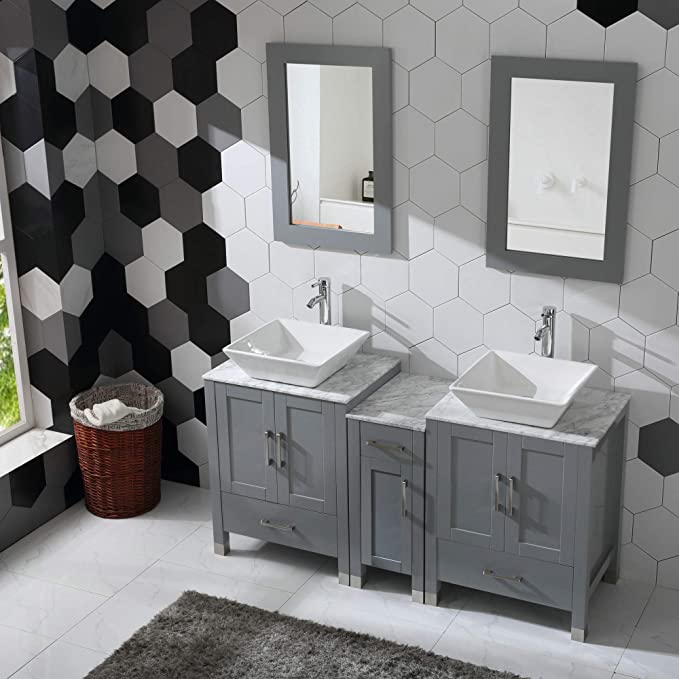 60" Gray Bathroom Vanity w/ Marble Tops