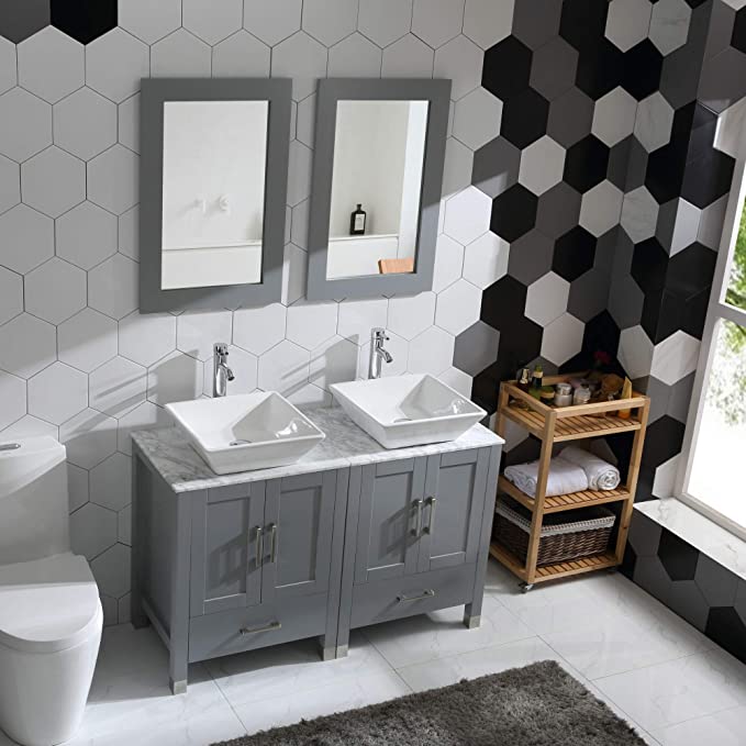 48" Double Sink Vanity Gray Bathroom Vanity w/ Marble Top & Mirror