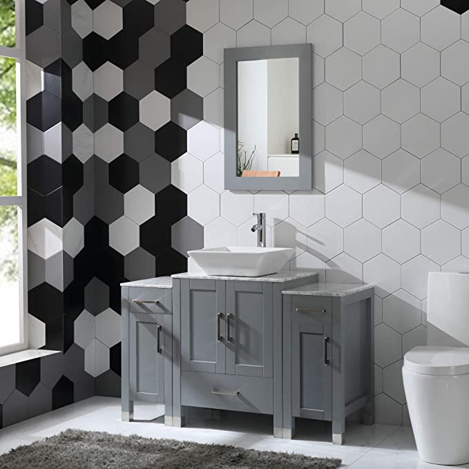 Goodyo® 48" Wood Bathroom Vanity with Sink, Gray with Marble Top & Mirror