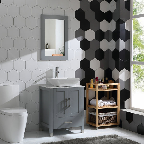 24” Gray Solid Wood Bathroom Vanity w/ Vessel Sink & Marble Top