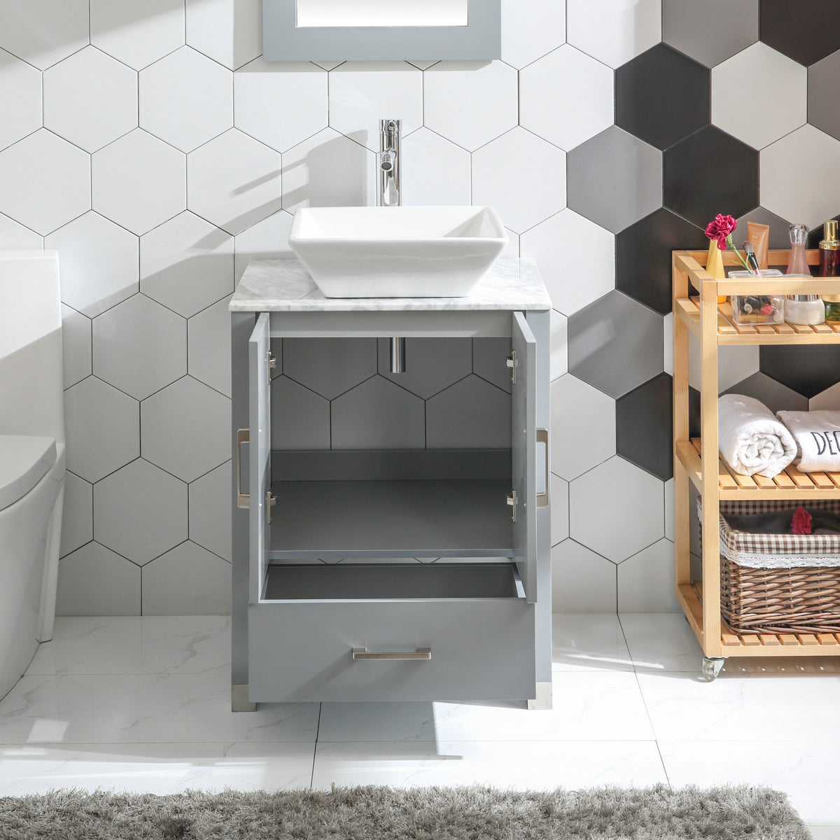 24” Gray Solid Wood Bathroom Vanity w/ Marble Top