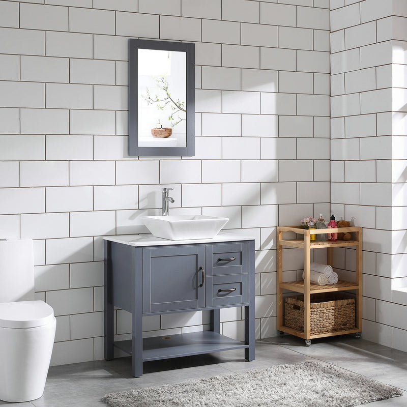 Goodyo® 30" Gray Bathroom Vanity w/ Marble Pattern Top, Vessel Sink & Mirror